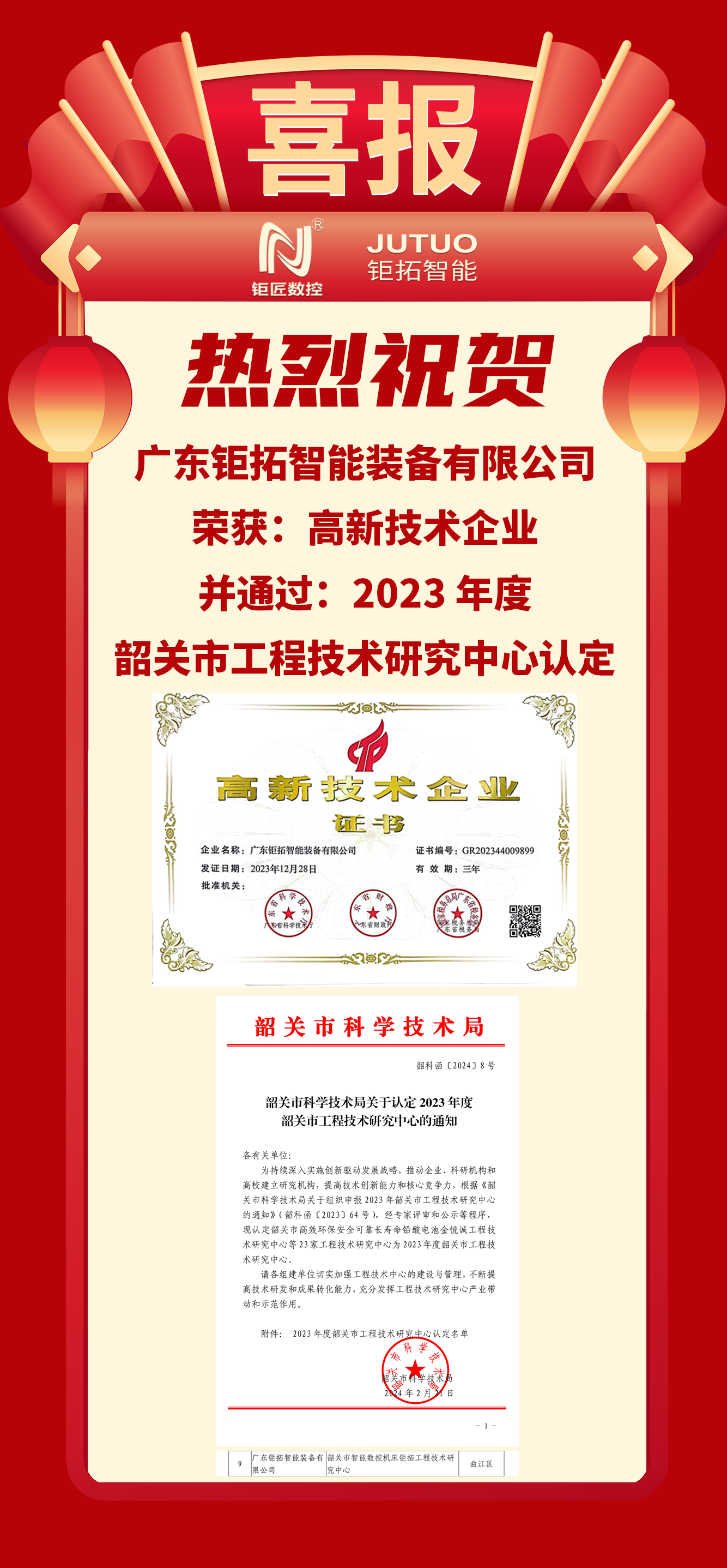 【喜报】多宝数控韶关工厂荣获:高新技术企业、韶关市工程技术研究中心认定